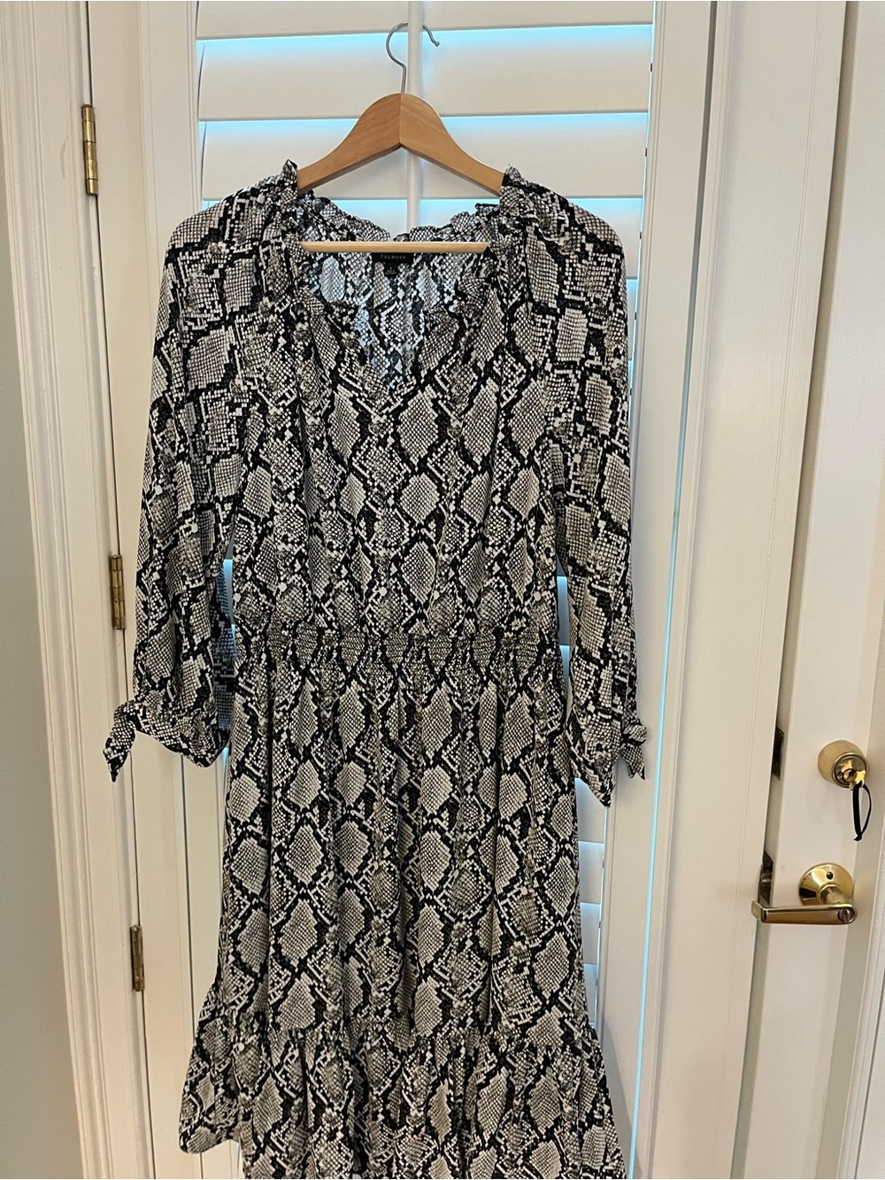 Talbots Black and White Snake-Print Long Sleeve Stretch Waist Dress L